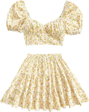 MakeMeChic Women's Two Piece Outfit Floral Sweetheart Puff Sleeve Tie Back Crop Tops and Ruffle Skirt Set