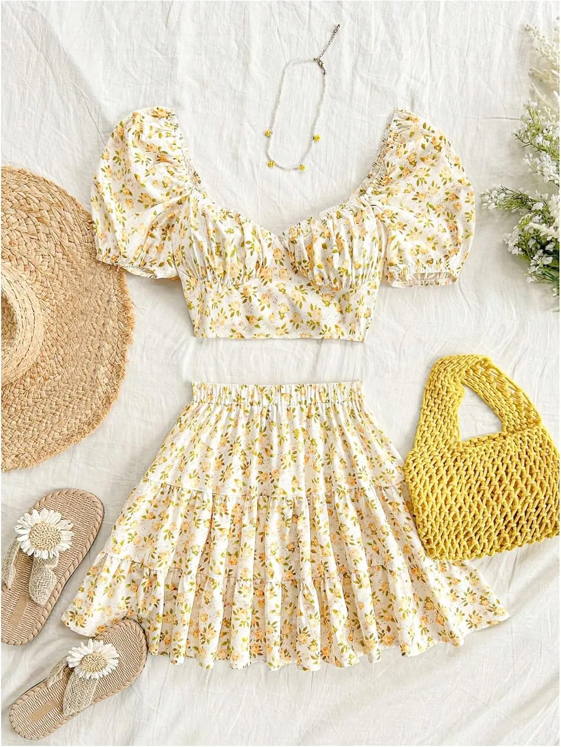 MakeMeChic Women's Two Piece Outfit Floral Sweetheart Puff Sleeve Tie Back Crop Tops and Ruffle Skirt Set