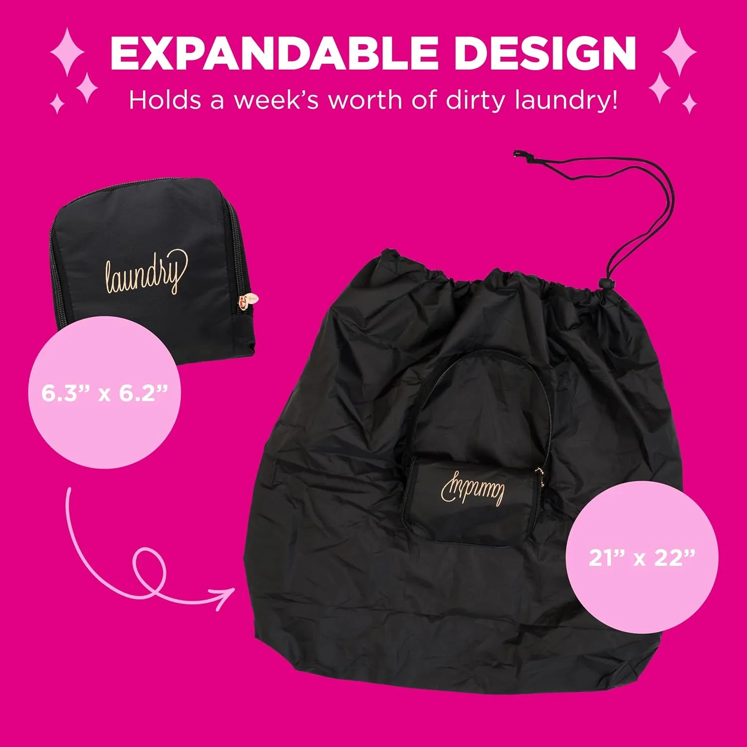Miamica Foldable Travel Laundry Bag, Black & Rose Gold – Measures 21” x 22” When Fully Opened – Foldable Laundry Bag with Drawstring Closure – Durable, Lightweight Travel Accessories