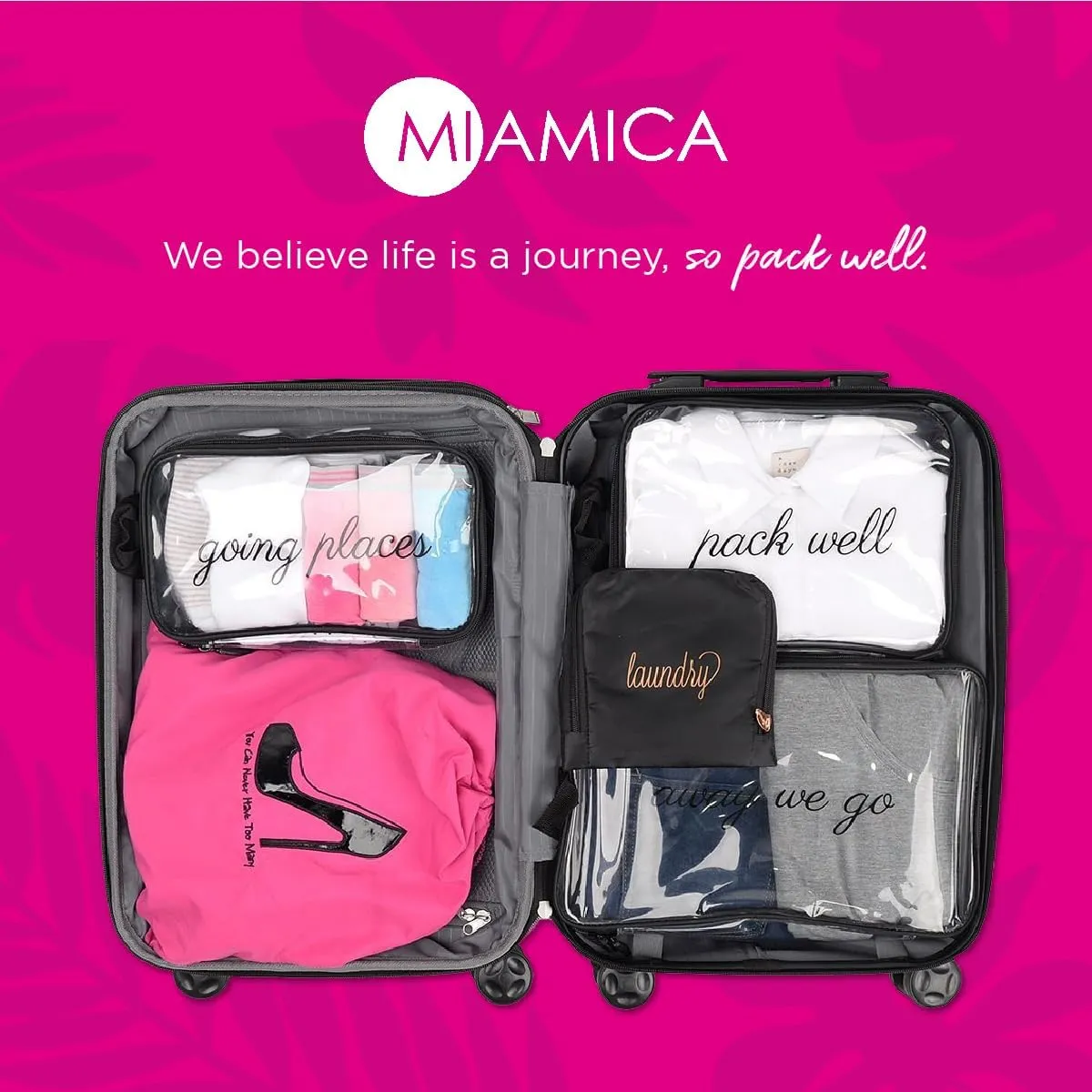 Miamica Foldable Travel Laundry Bag, Black & Rose Gold – Measures 21” x 22” When Fully Opened – Foldable Laundry Bag with Drawstring Closure – Durable, Lightweight Travel Accessories