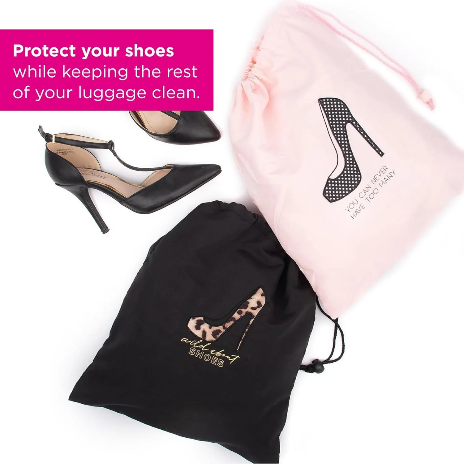 Miamica Shoe Storage Bag – 11” x 9” – Cute Shoe Bag for Women w Interior Divider, Protects Luggage - Fits 1-2 Pairs of Shoes
