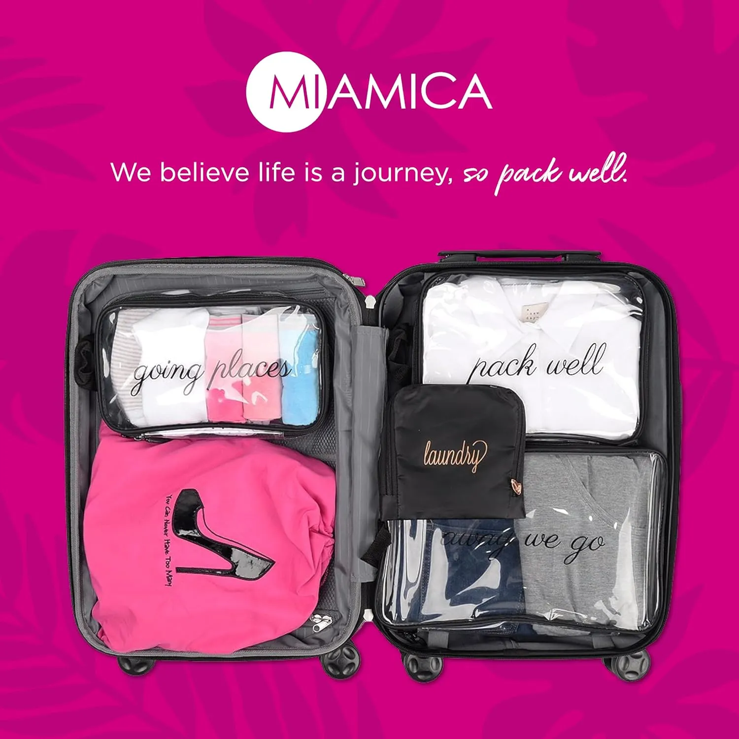 MIAMICA TSA Compliant Travel Bottles and Travel Toiletry Bag – Includes 12 Pieces – 7.55" L x 7.4" W x 1.8" D, Clear – Cute Travel Gifts