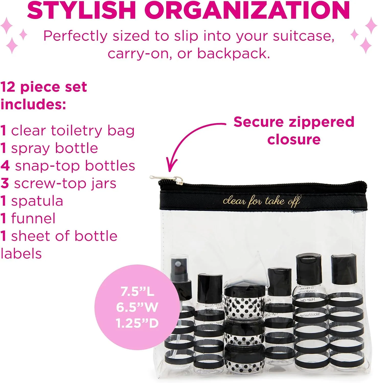 MIAMICA TSA Compliant Travel Bottles and Travel Toiletry Bag – Includes 12 Pieces – 7.55" L x 7.4" W x 1.8" D, Clear – Cute Travel Gifts