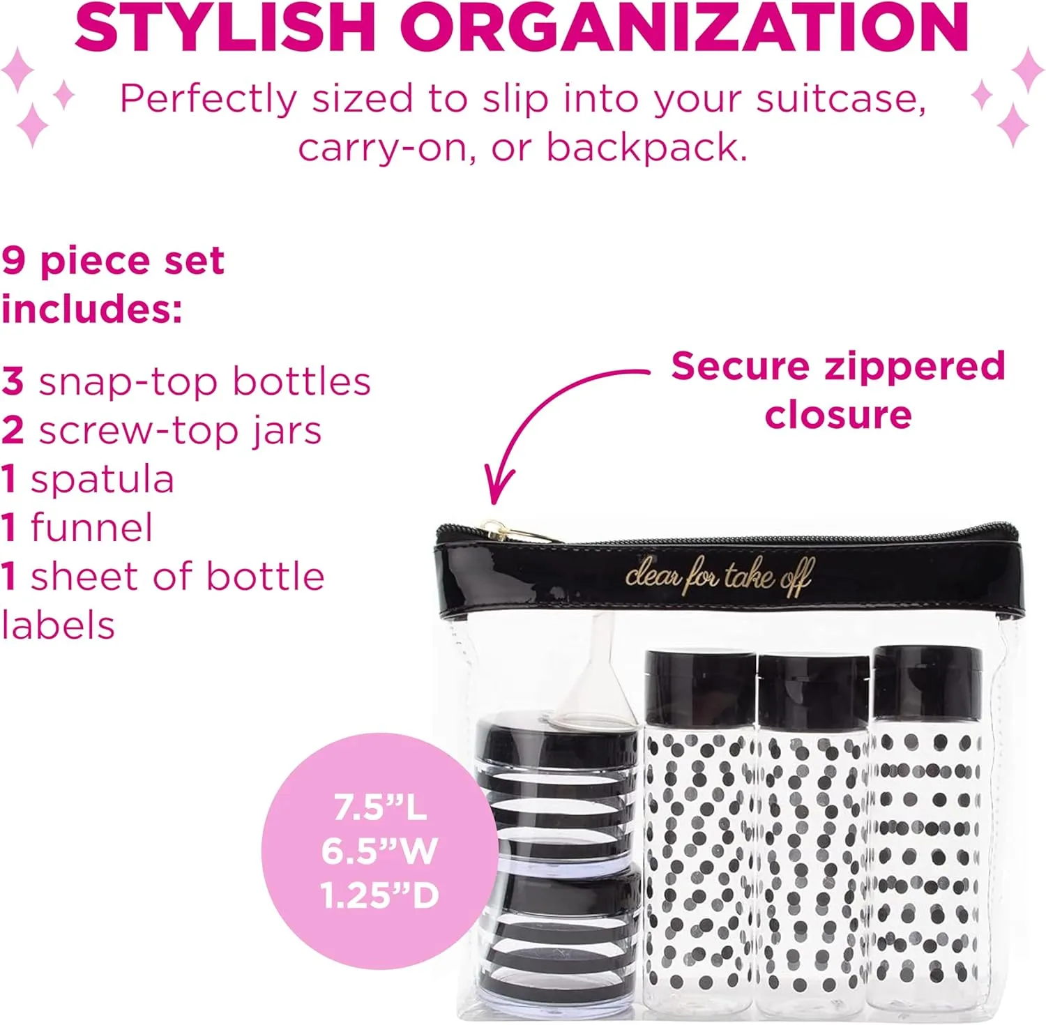 MIAMICA TSA Compliant Travel Bottles and Travel Toiletry Bag – Includes 12 Pieces – 7.55" L x 7.4" W x 1.8" D, Clear – Cute Travel Gifts