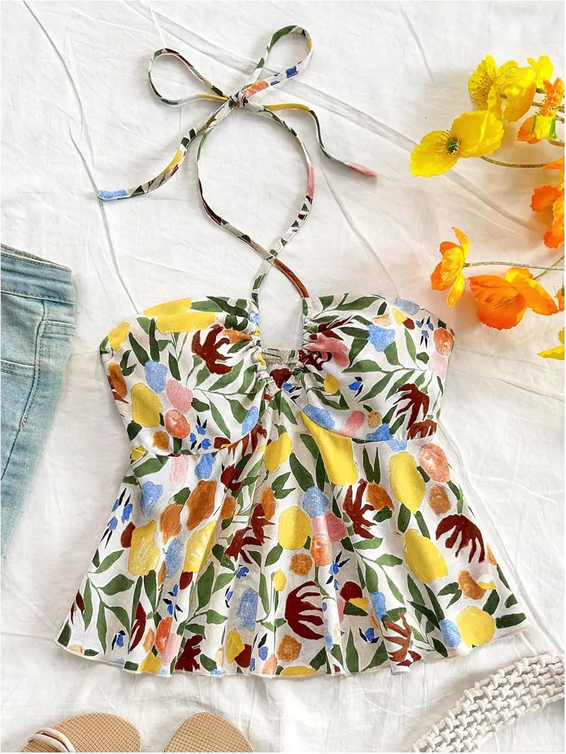 Milumia Women Floral Criss Cross Ruffle Peplum Top Cut Out Boho Flared Halter Tops