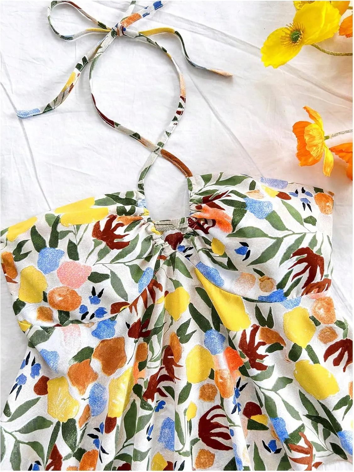 Milumia Women Floral Criss Cross Ruffle Peplum Top Cut Out Boho Flared Halter Tops