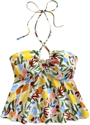 Milumia Women Floral Criss Cross Ruffle Peplum Top Cut Out Boho Flared Halter Tops