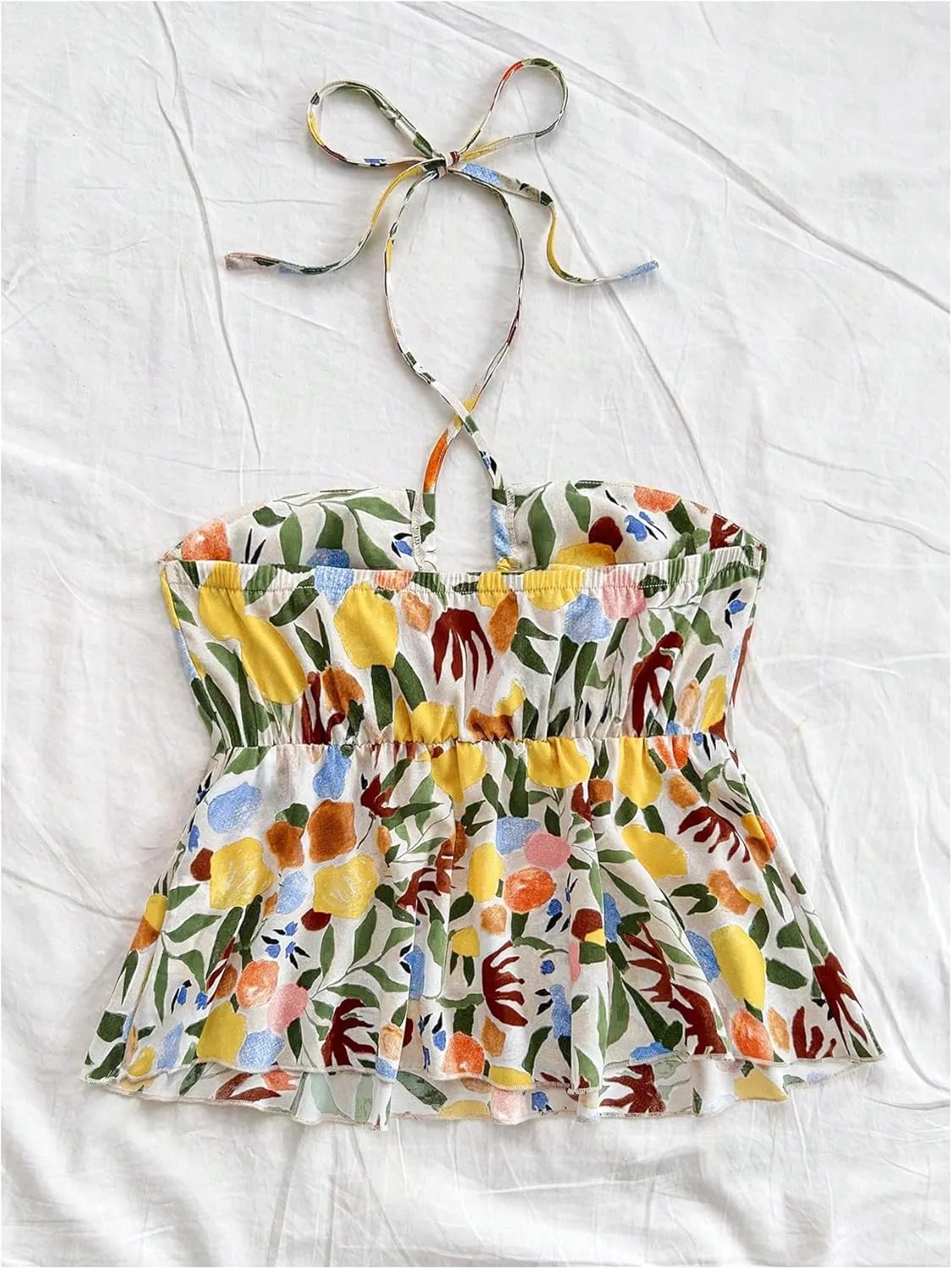 Milumia Women Floral Criss Cross Ruffle Peplum Top Cut Out Boho Flared Halter Tops