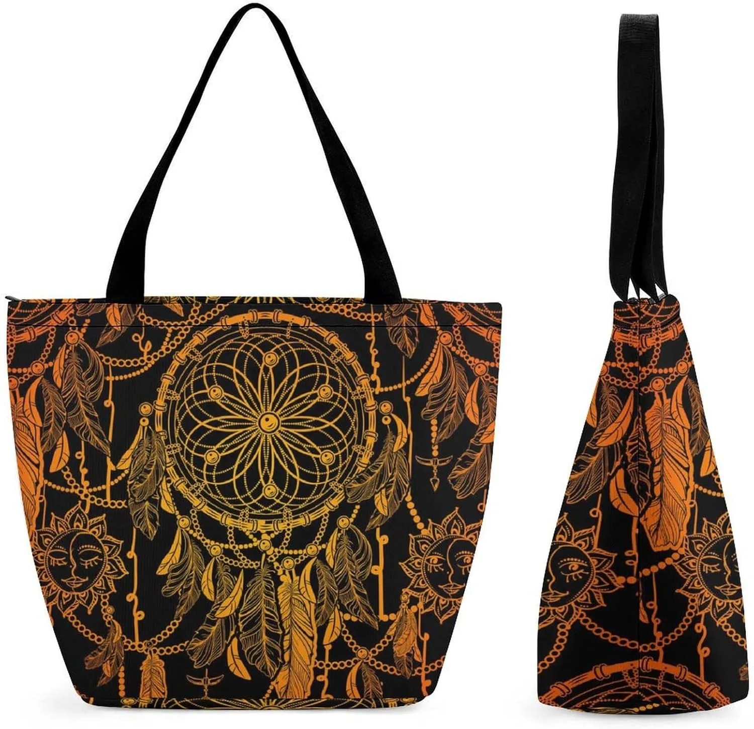 MoBlinko Bohemian Ethnic Feathers Tote Bag for Women Reusable Shoulder Bags with Zipper for Yoga Grocery Shopping Gifts