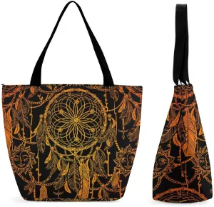 MoBlinko Bohemian Ethnic Feathers Tote Bag for Women Reusable Shoulder Bags with Zipper for Yoga Grocery Shopping Gifts