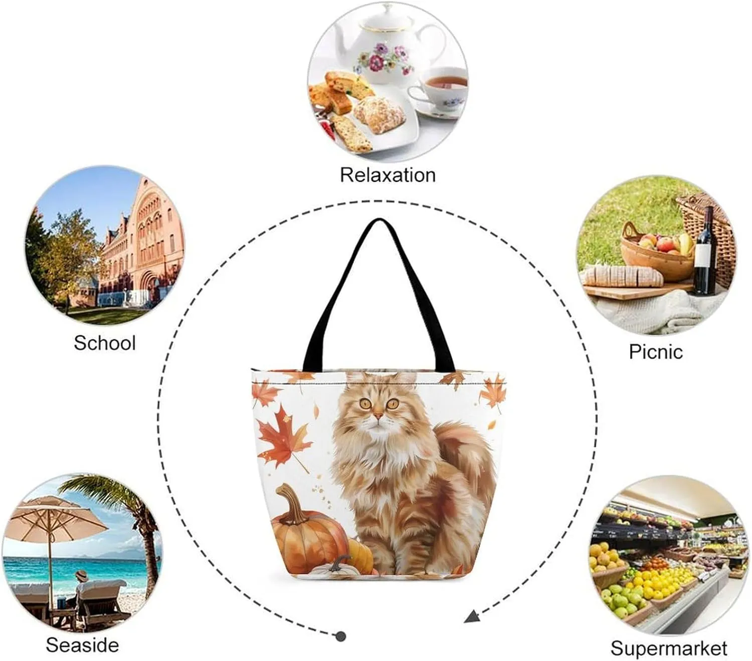 MoBlinko Cat Fall Women Tote Bags Yoga Reusable Grocery Bagsshoulder Bag Handbag with Zipper
