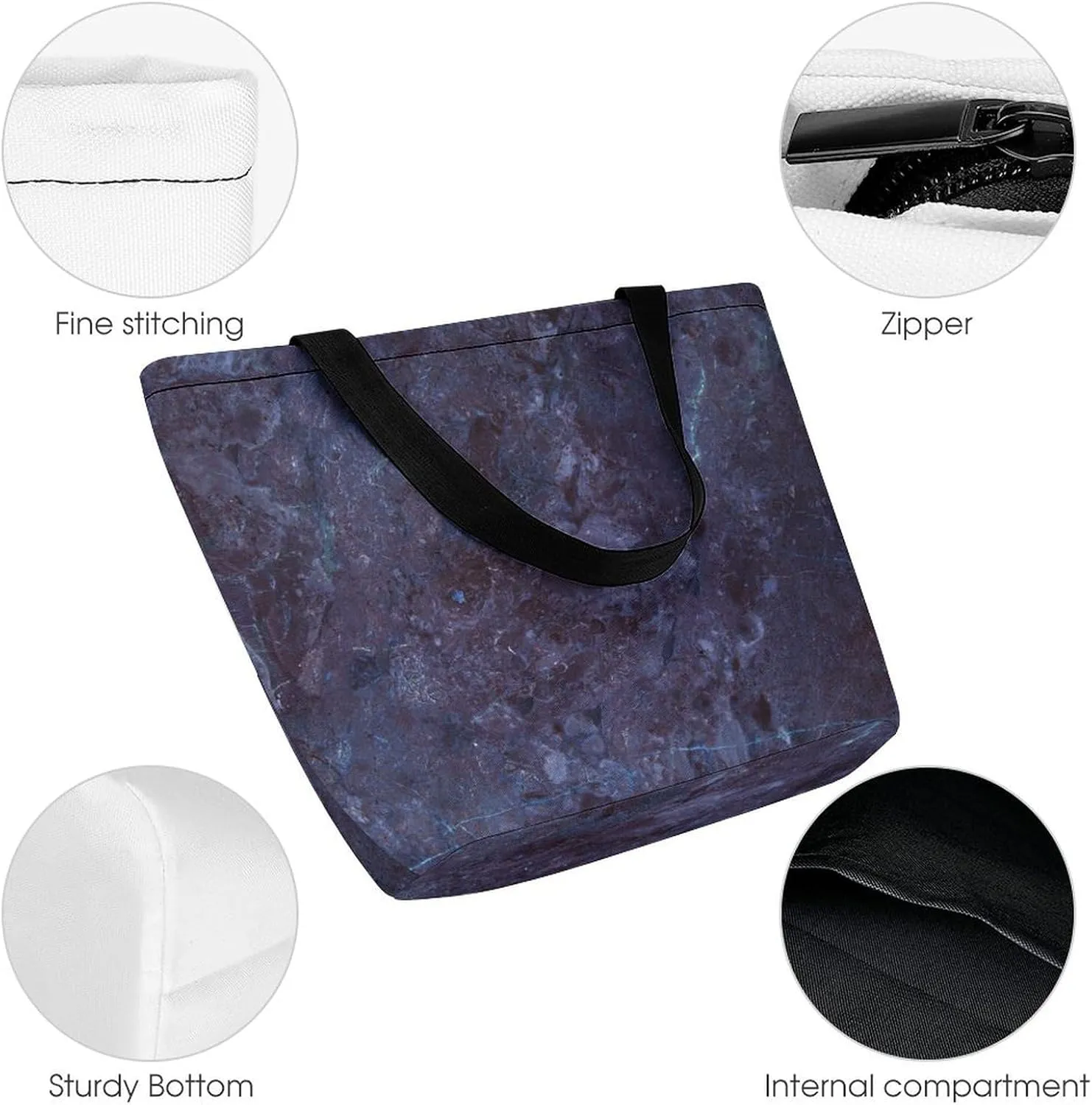MoBlinko Dark Purple Marble Tote Bag for Women Reusable Handbags Shoulder Bags with Zipper for Yoga Grocery Gifts