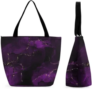MoBlinko Dark Purple Marble Tote Bag for Women Reusable Handbags Shoulder Bags with Zipper for Yoga Grocery Gifts
