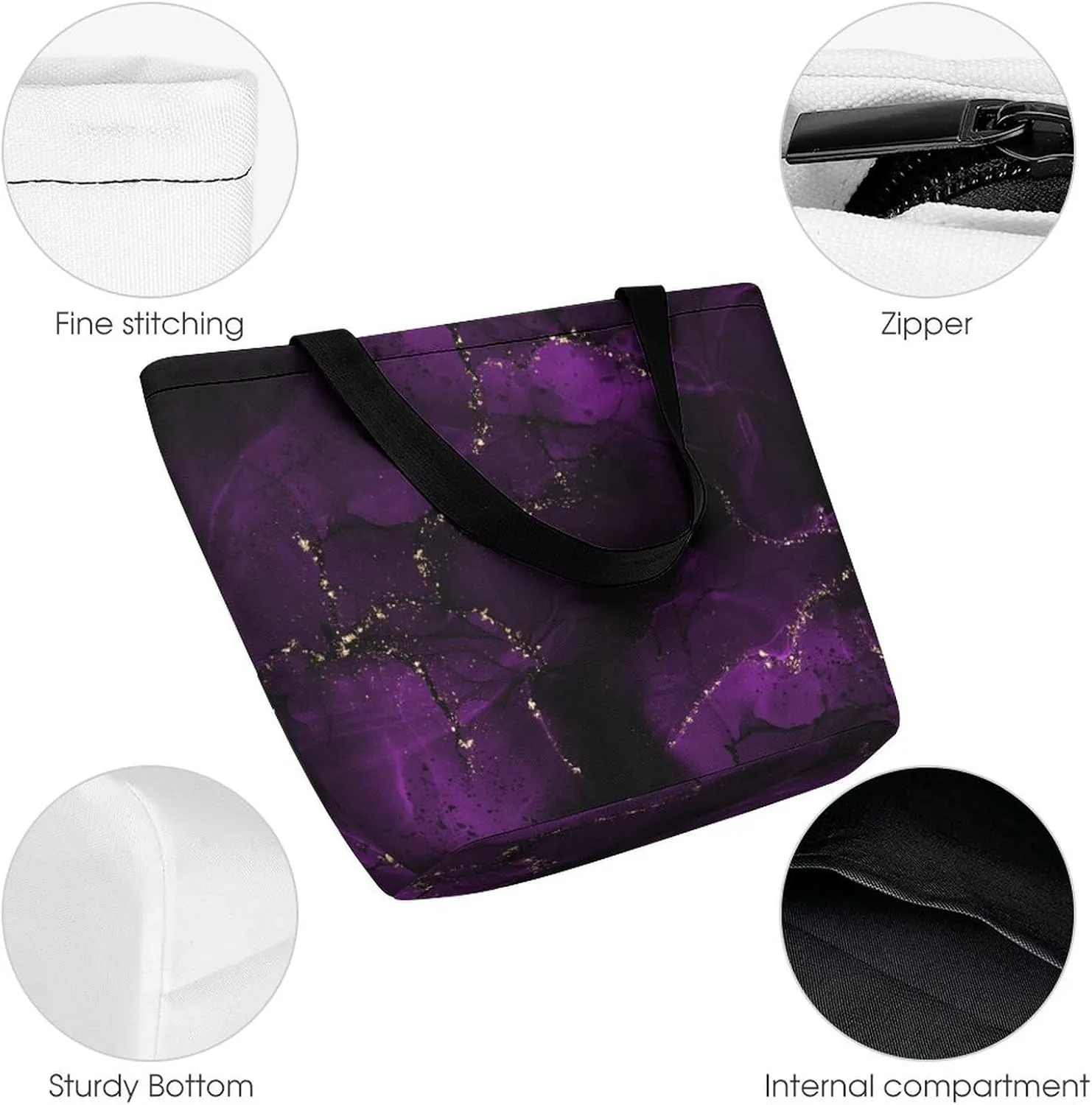 MoBlinko Dark Purple Marble Tote Bag for Women Reusable Handbags Shoulder Bags with Zipper for Yoga Grocery Gifts