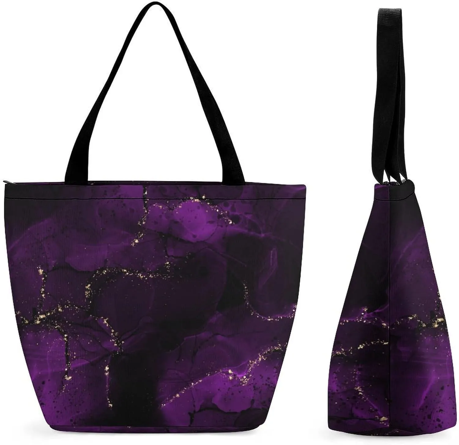 MoBlinko Dark Purple Marble Tote Bag for Women Reusable Handbags Shoulder Bags with Zipper for Yoga Grocery Gifts