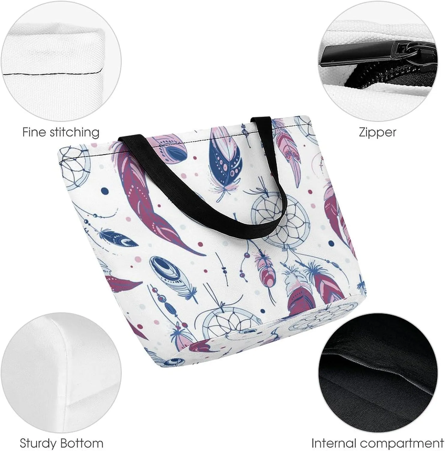 MoBlinko Dream Cather Feathers Womens Tote Bags Reusable Yoga Shoulder Bag Handbag with Zipper for Grocery Shopping Gifts