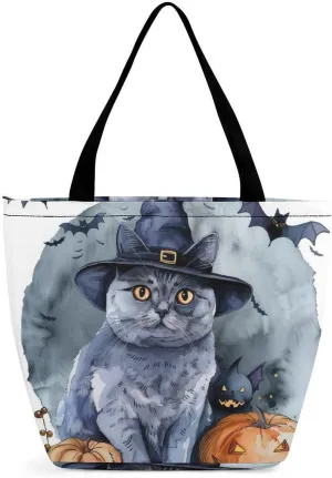 MoBlinko Halloween Cat Tote Bag for Women Reusable Shopping Bag Handbags Shoulder Bags with Zipper