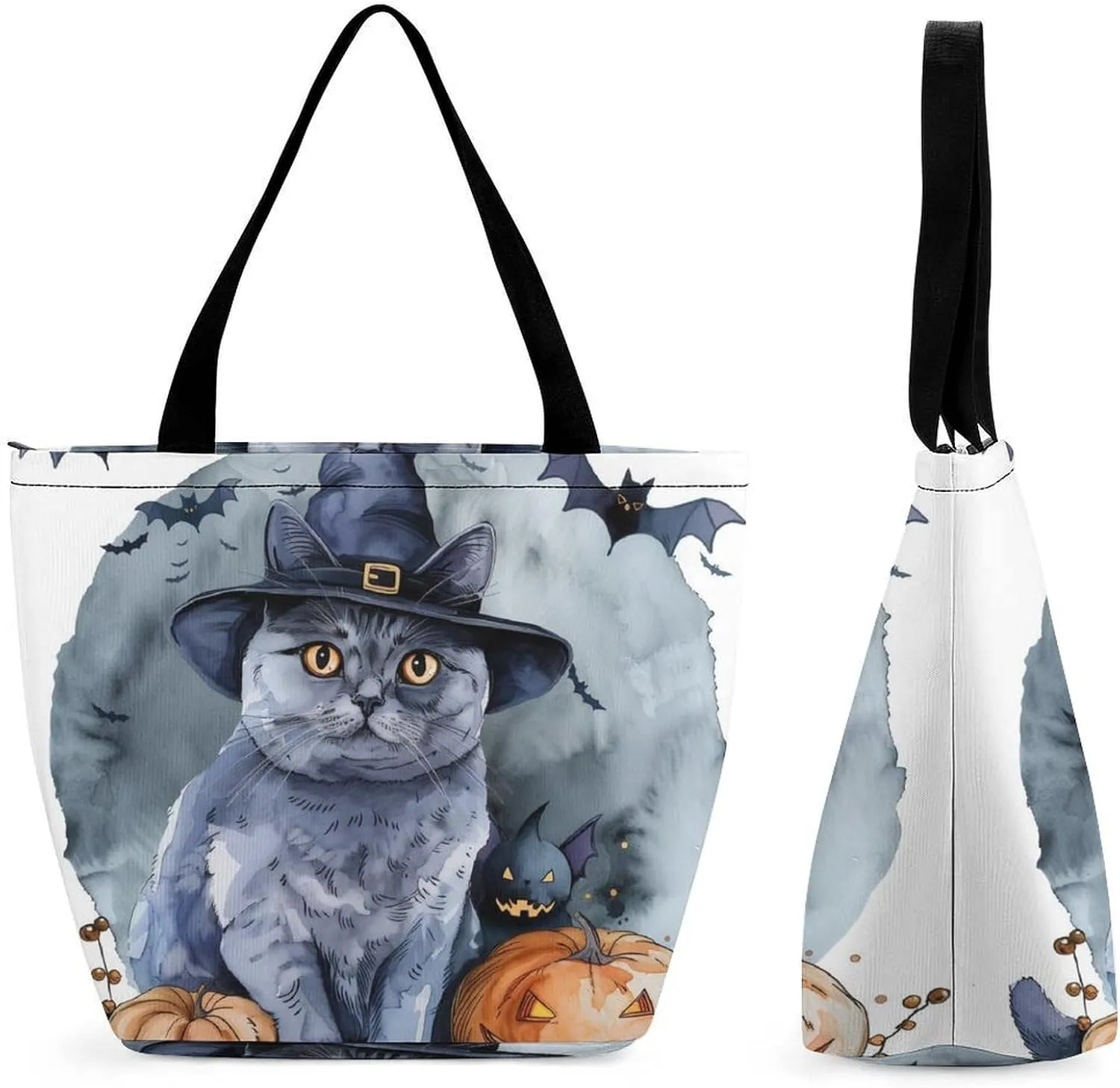 MoBlinko Halloween Cat Tote Bag for Women Reusable Shopping Bag Handbags Shoulder Bags with Zipper