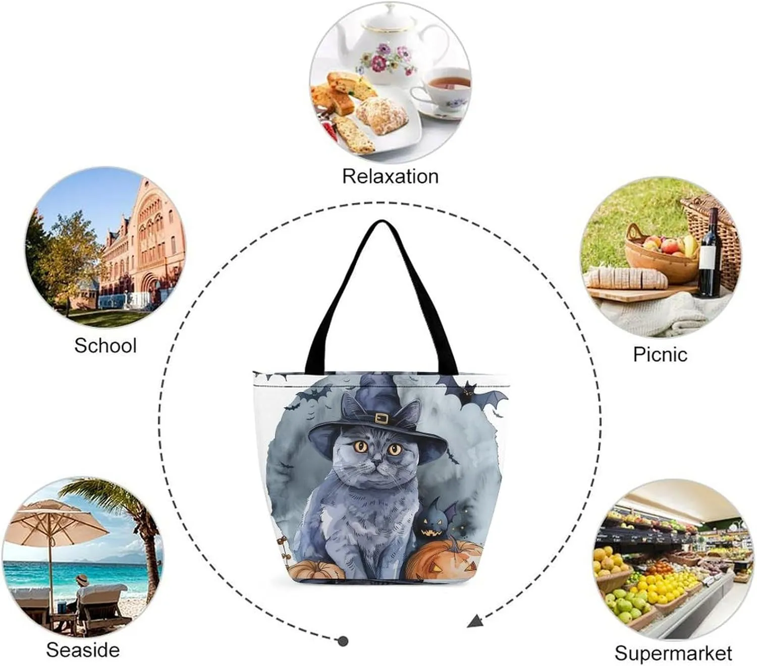 MoBlinko Halloween Cat Tote Bag for Women Reusable Shopping Bag Handbags Shoulder Bags with Zipper