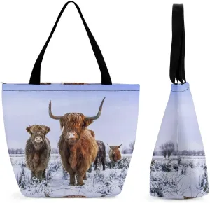 MoBlinko Highland Cow Calf Tote Bag for Women Reusable Handbags Shoulder Bags with Zipper for Yoga Grocery Gifts