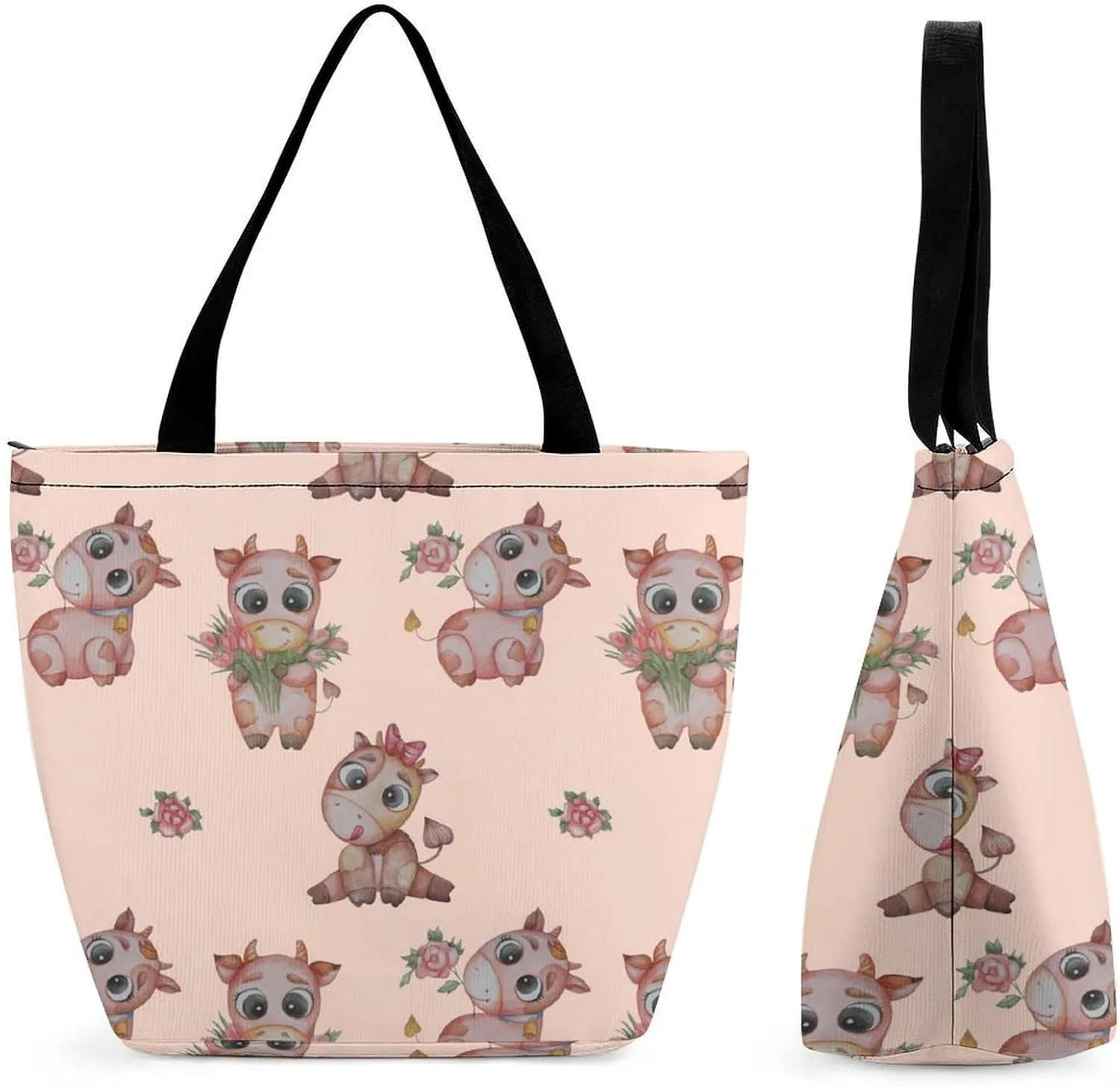 MoBlinko Highland Cow Calf Tote Bag for Women Reusable Handbags Shoulder Bags with Zipper for Yoga Grocery Gifts