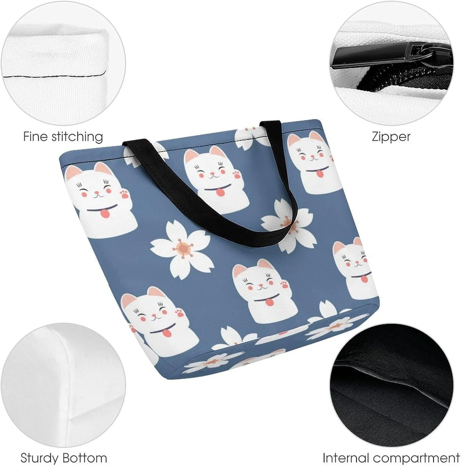 MoBlinko Japanese Fortune Cat Tote Bag for Women Reusable Handbags Shoulder Bags with Zipper for Yoga Grocery Shopping Gifts