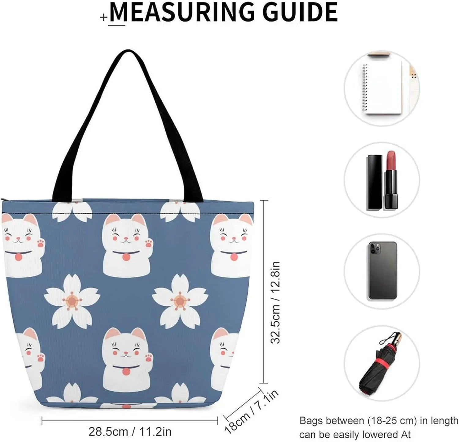 MoBlinko Japanese Fortune Cat Tote Bag for Women Reusable Handbags Shoulder Bags with Zipper for Yoga Grocery Shopping Gifts