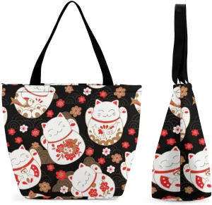 MoBlinko Japanese Fortune Cat Tote Bag for Women Reusable Handbags Shoulder Bags with Zipper for Yoga Grocery Shopping Gifts