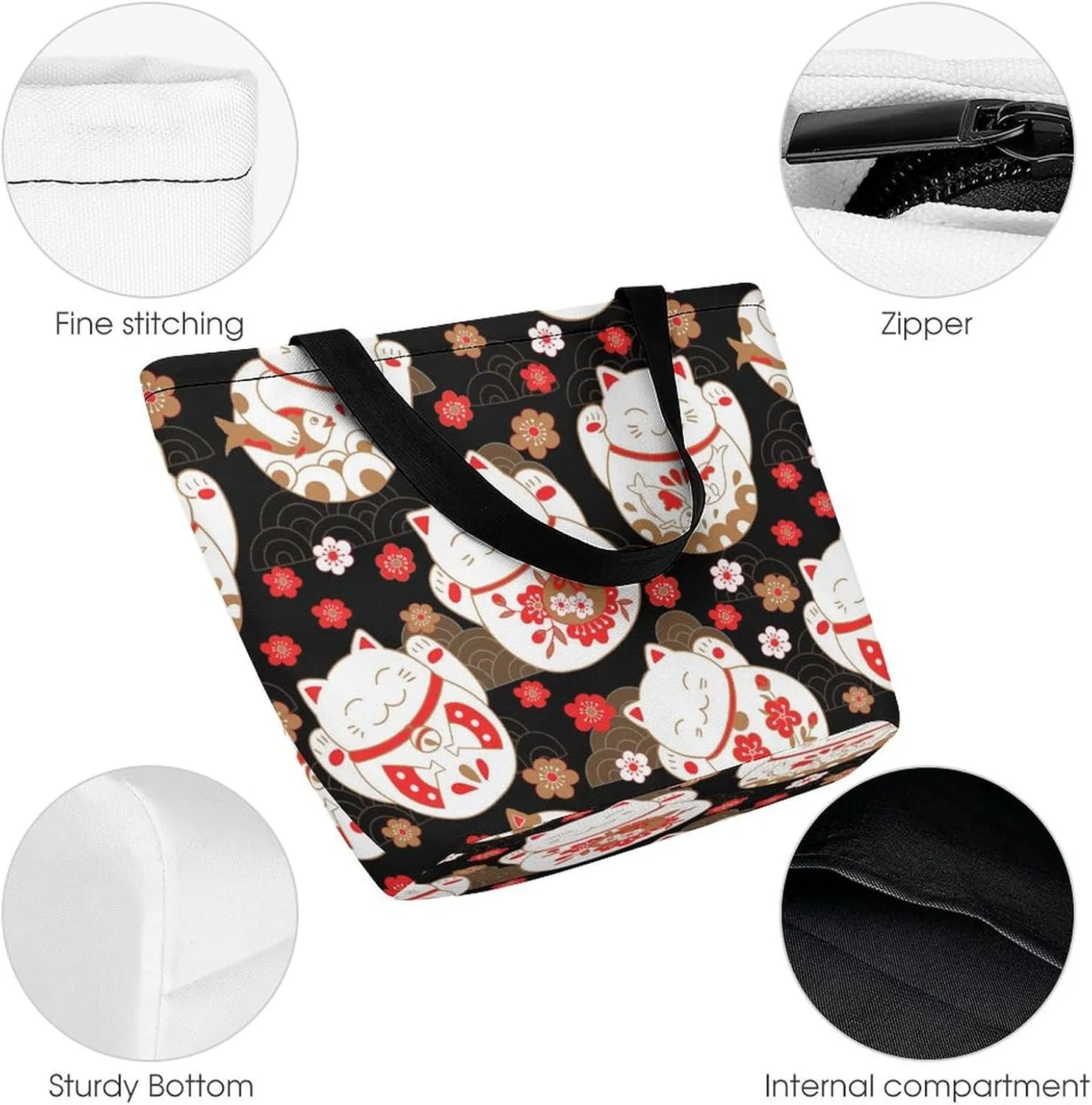 MoBlinko Japanese Fortune Cat Tote Bag for Women Reusable Handbags Shoulder Bags with Zipper for Yoga Grocery Shopping Gifts