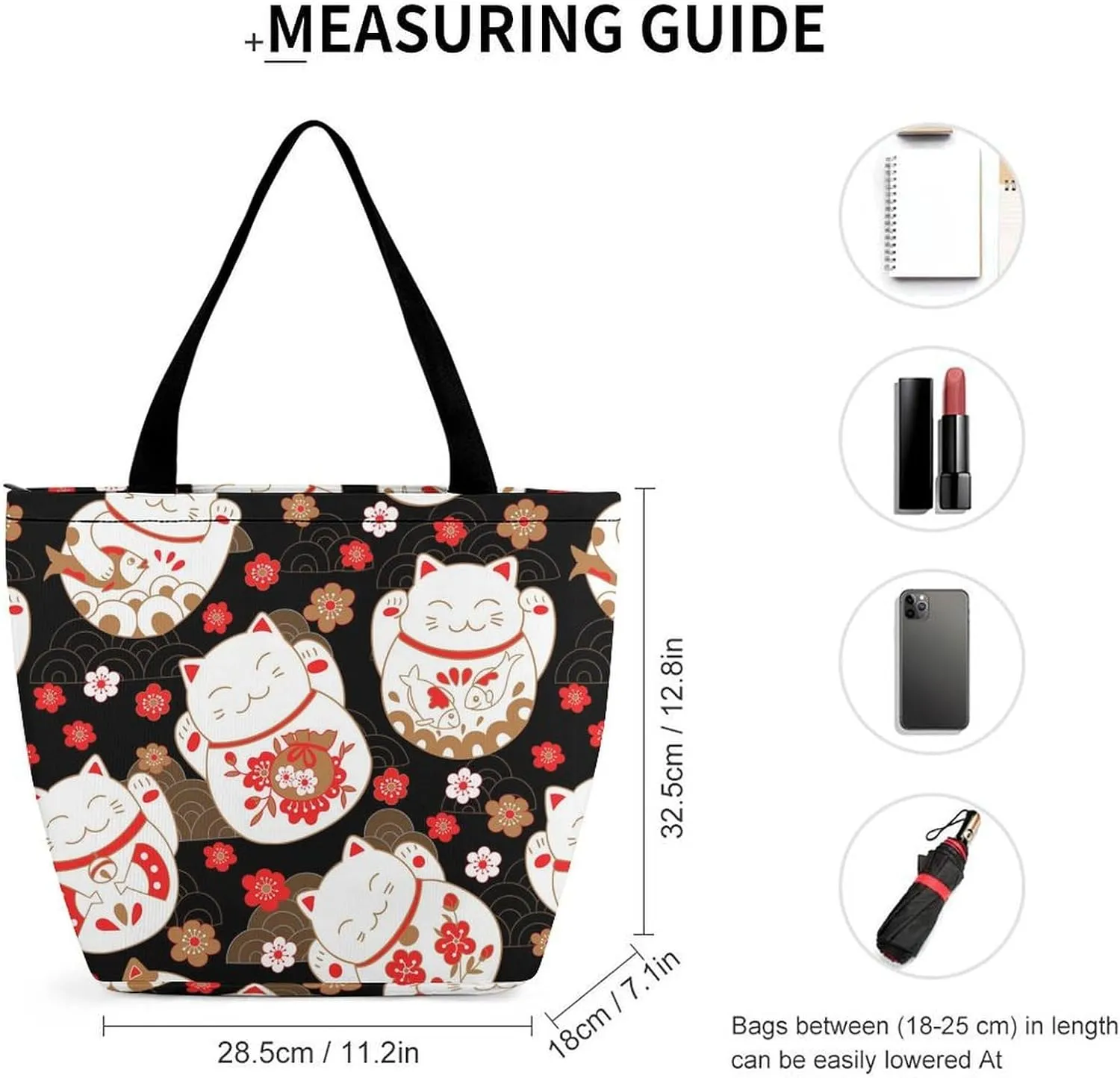 MoBlinko Japanese Fortune Cat Tote Bag for Women Reusable Handbags Shoulder Bags with Zipper for Yoga Grocery Shopping Gifts