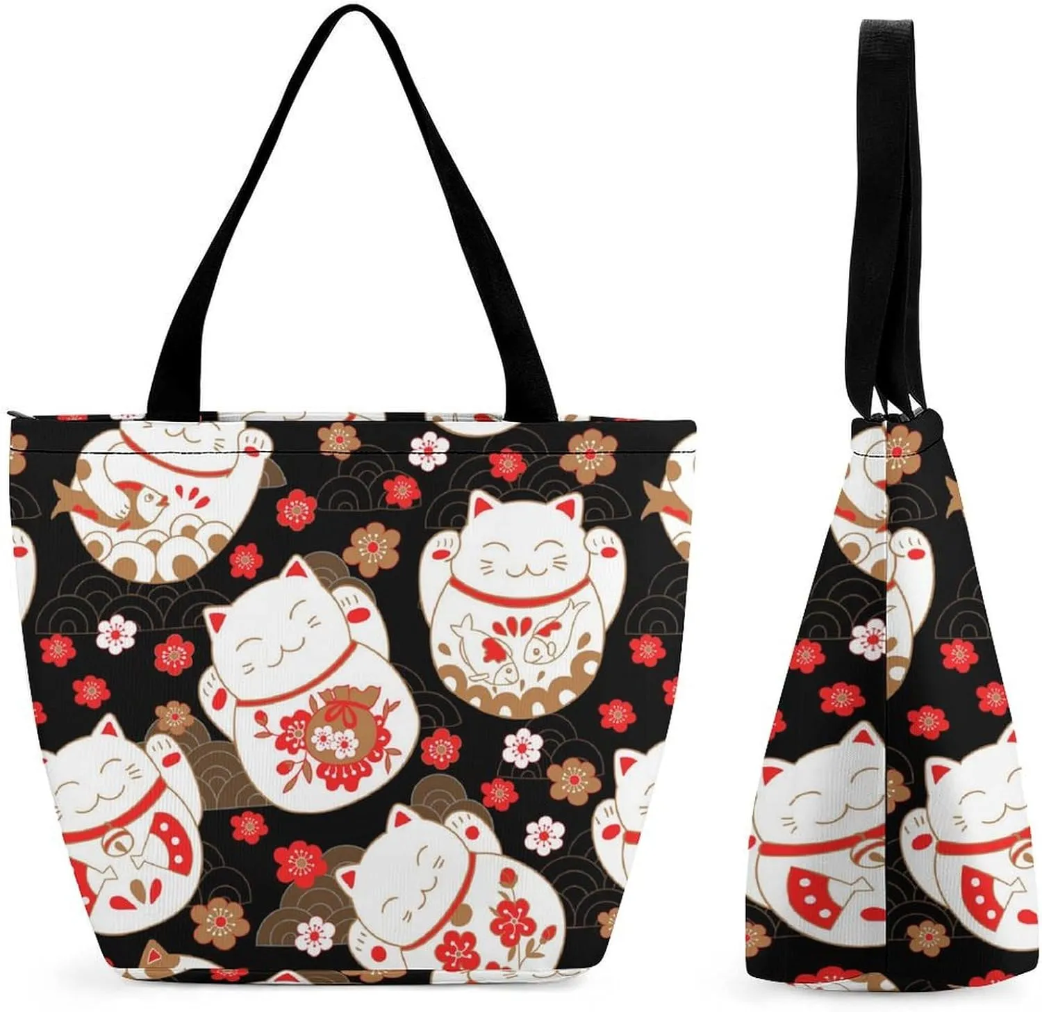 MoBlinko Japanese Fortune Cat Tote Bag for Women Reusable Handbags Shoulder Bags with Zipper for Yoga Grocery Shopping Gifts