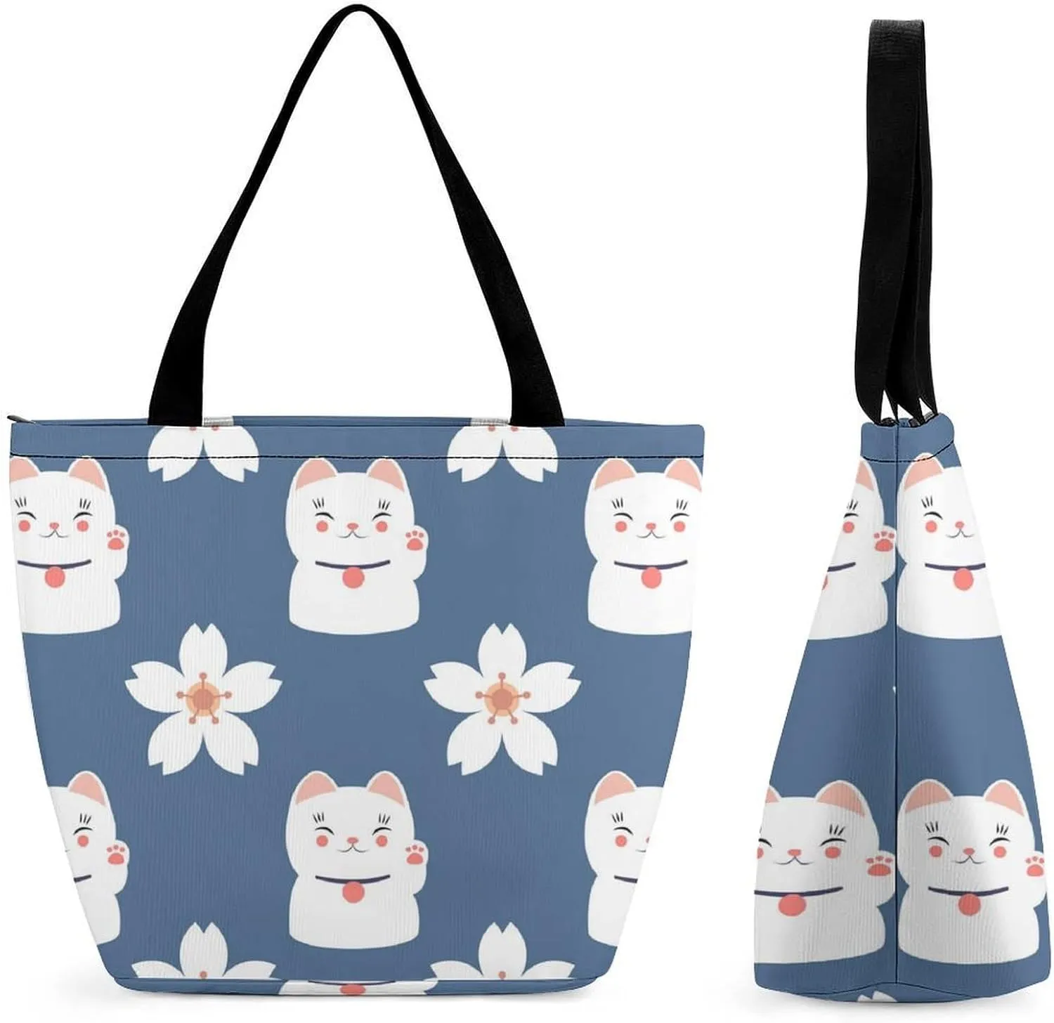 MoBlinko Japanese Fortune Cat Tote Bag for Women Reusable Handbags Shoulder Bags with Zipper for Yoga Grocery Shopping Gifts