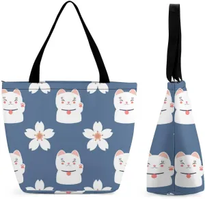MoBlinko Japanese Fortune Cat Tote Bag for Women Reusable Handbags Shoulder Bags with Zipper for Yoga Grocery Shopping Gifts