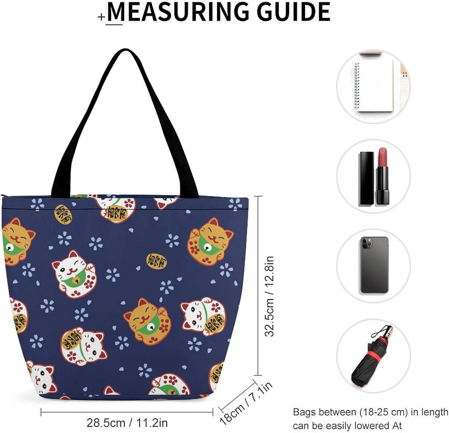MoBlinko Japanese Fortune Cats Tote Bag for Women Reusable Handbags Shoulder Bags with Zipper for Yoga Grocery Shopping Gifts