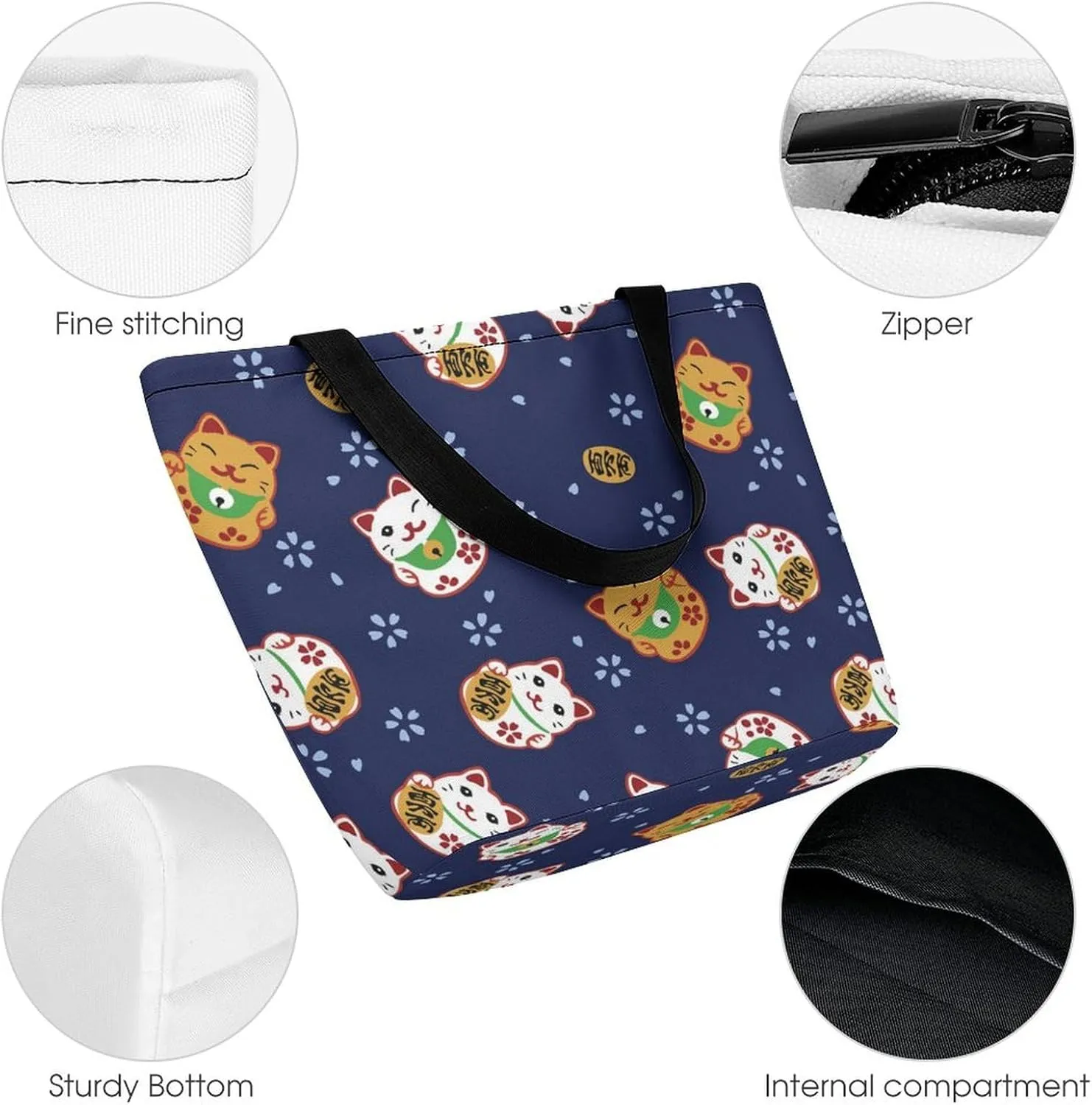 MoBlinko Japanese Fortune Cats Tote Bag for Women Reusable Handbags Shoulder Bags with Zipper for Yoga Grocery Shopping Gifts