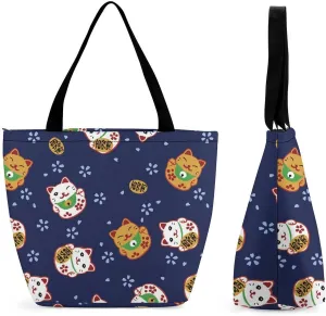 MoBlinko Japanese Fortune Cats Tote Bag for Women Reusable Handbags Shoulder Bags with Zipper for Yoga Grocery Shopping Gifts