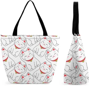 MoBlinko Japanese Fortune Cats Tote Bag for Women Reusable Handbags Shoulder Bags with Zipper for Yoga Grocery Shopping Gifts