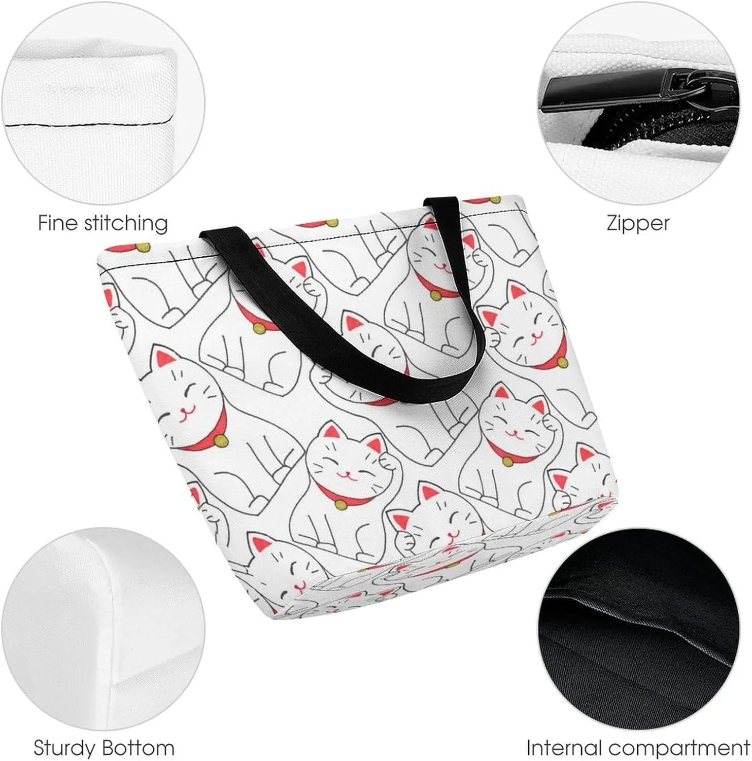 MoBlinko Japanese Fortune Cats Tote Bag for Women Reusable Handbags Shoulder Bags with Zipper for Yoga Grocery Shopping Gifts