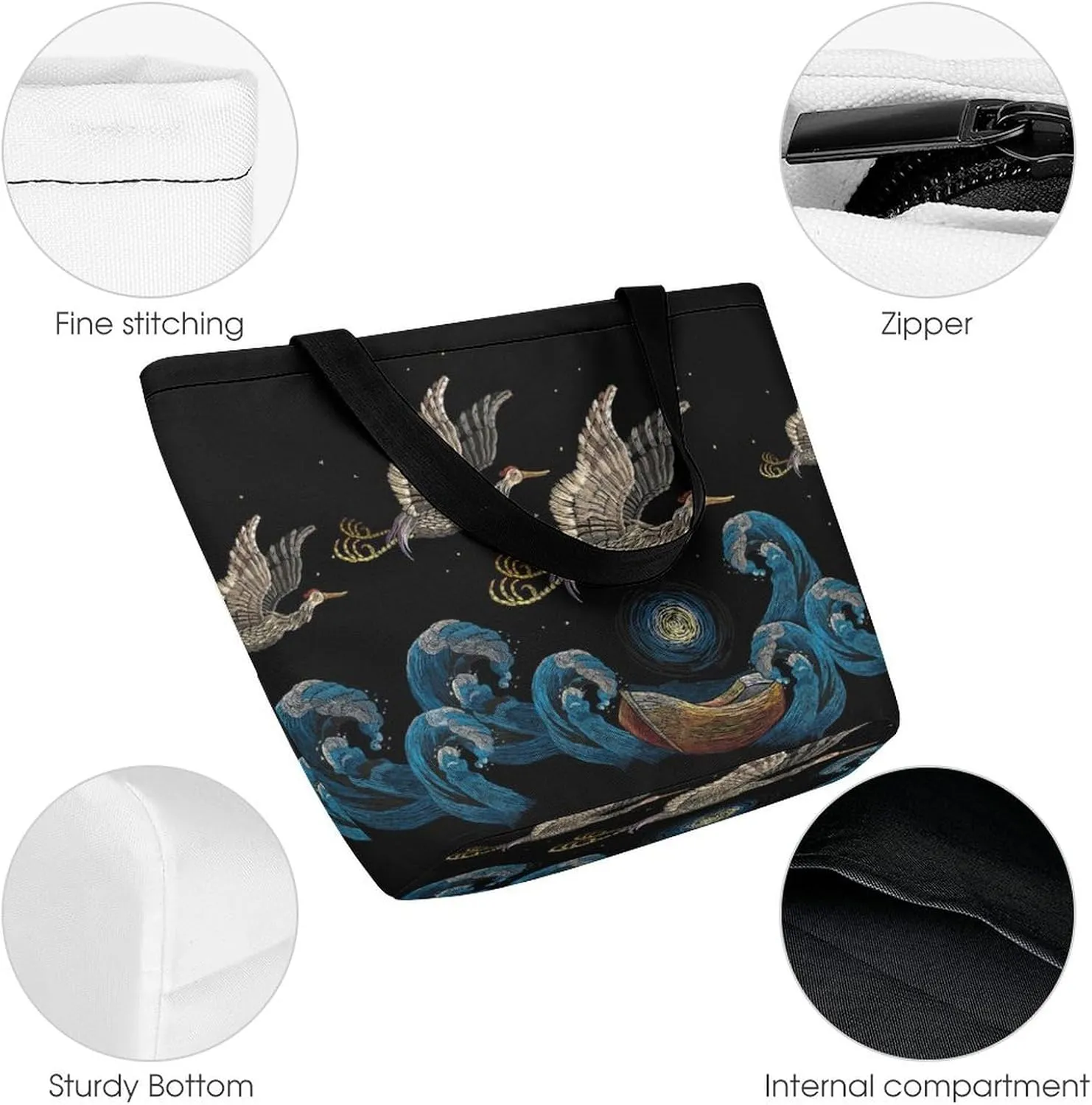 MoBlinko Japanese Sea Waves Tote Bag for Women Reusable Handbags Shoulder Bags with Zipper for Yoga Grocery Gifts