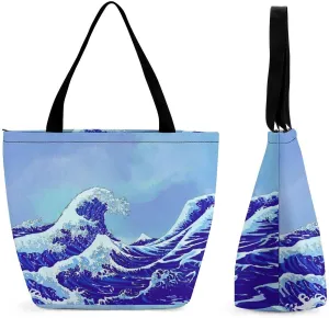 MoBlinko Japanese Sea Waves Tote Bag for Women Reusable Handbags Shoulder Bags with Zipper for Yoga Grocery Gifts