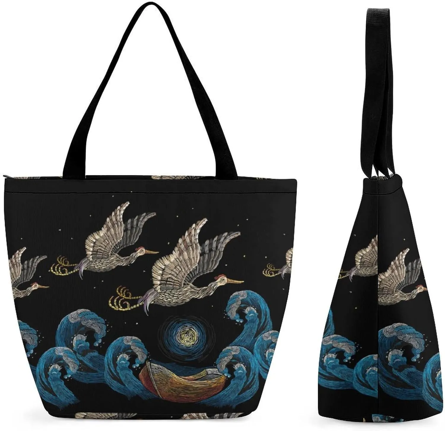 MoBlinko Japanese Sea Waves Tote Bag for Women Reusable Handbags Shoulder Bags with Zipper for Yoga Grocery Gifts