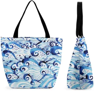 MoBlinko Japanese Sea Waves Tote Bag for Women Reusable Handbags Shoulder Bags with Zipper for Yoga Grocery Gifts