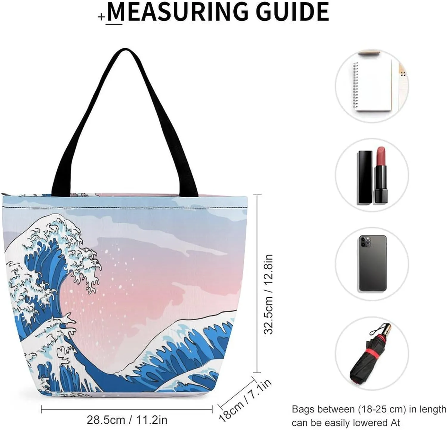 MoBlinko Japanese Sea Waves Tote Bag for Women Reusable Handbags Shoulder Bags with Zipper for Yoga Grocery Gifts