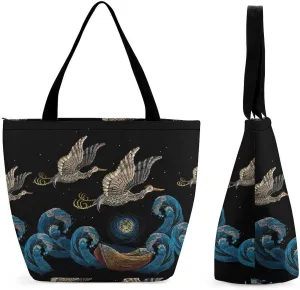 MoBlinko Japanese Sea Waves Tote Bag for Women Reusable Handbags Shoulder Bags with Zipper for Yoga Grocery Gifts