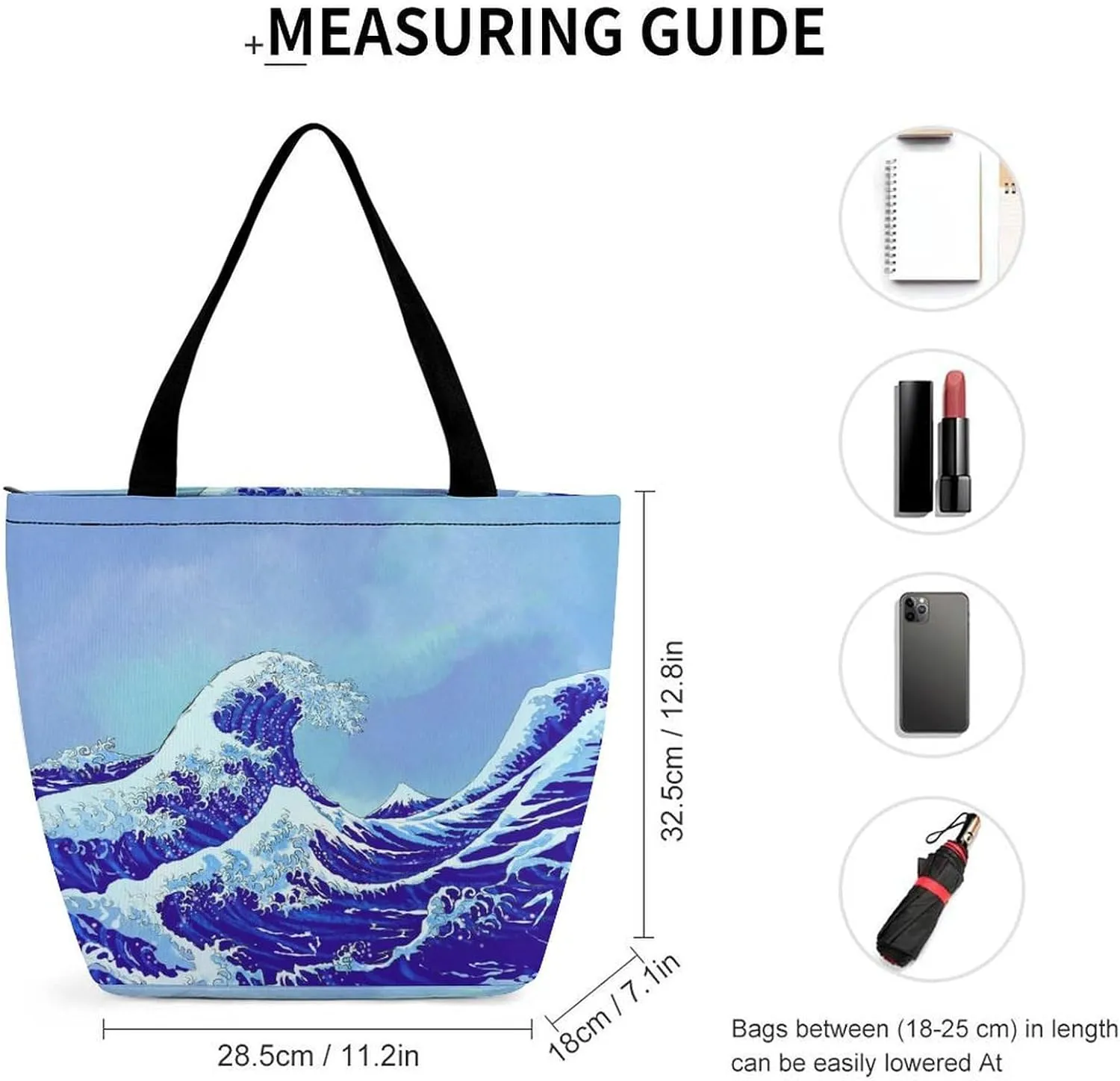 MoBlinko Japanese Sea Waves Tote Bag for Women Reusable Handbags Shoulder Bags with Zipper for Yoga Grocery Gifts