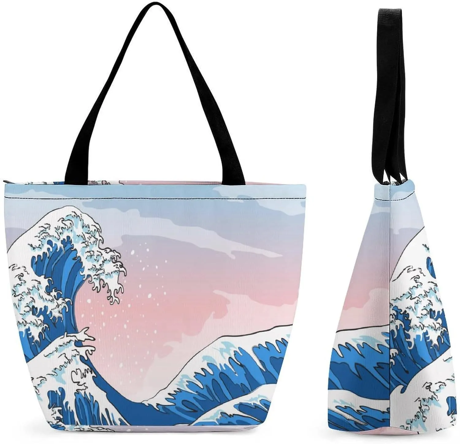 MoBlinko Japanese Sea Waves Tote Bag for Women Reusable Handbags Shoulder Bags with Zipper for Yoga Grocery Gifts