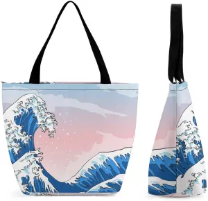 MoBlinko Japanese Sea Waves Tote Bag for Women Reusable Handbags Shoulder Bags with Zipper for Yoga Grocery Gifts