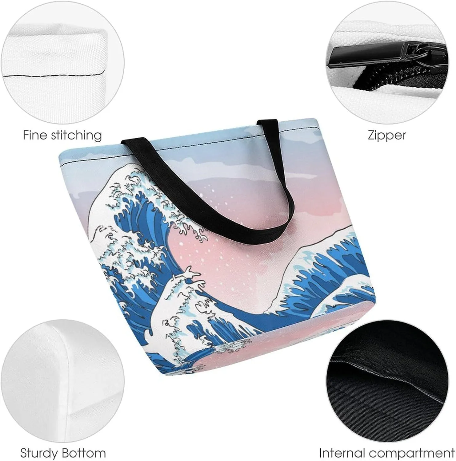 MoBlinko Japanese Sea Waves Tote Bag for Women Reusable Handbags Shoulder Bags with Zipper for Yoga Grocery Gifts