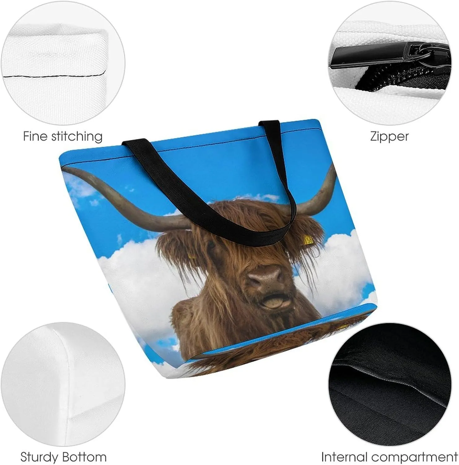 MoBlinko Lying Highland Cow Tote Bag for Women Reusable Handbags Shoulder Bags with Zipper for Yoga Grocery Gifts