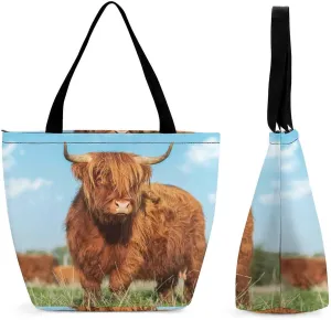 MoBlinko Lying Highland Cow Tote Bag for Women Reusable Handbags Shoulder Bags with Zipper for Yoga Grocery Gifts